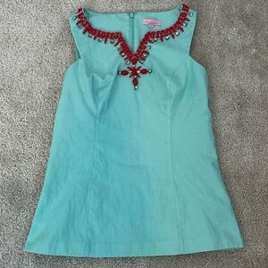 Lilly Pulitzer Aqua and Coral Red Beaded Tank Top Size 6